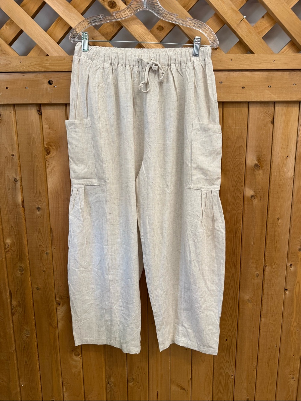 TARSE Womens Linen Wide Leg Pants Casual Loose Drawstring Summer Cream Size S